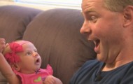 Cheerful dad and his funny pictures with newborn daughter